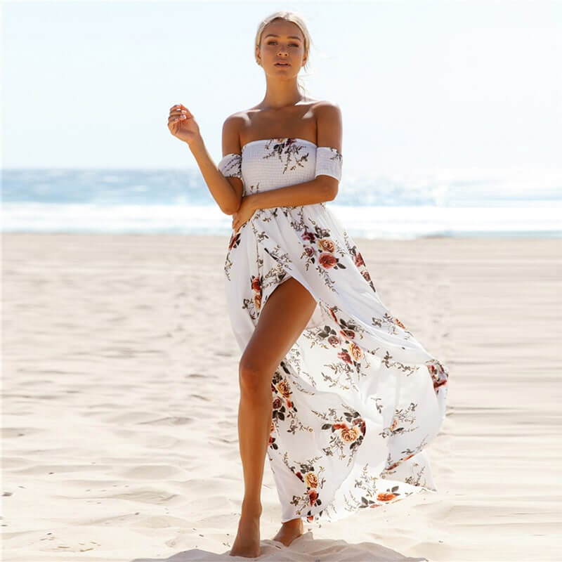 Off-Shoulder slitted Maxi dress for a beach vacation