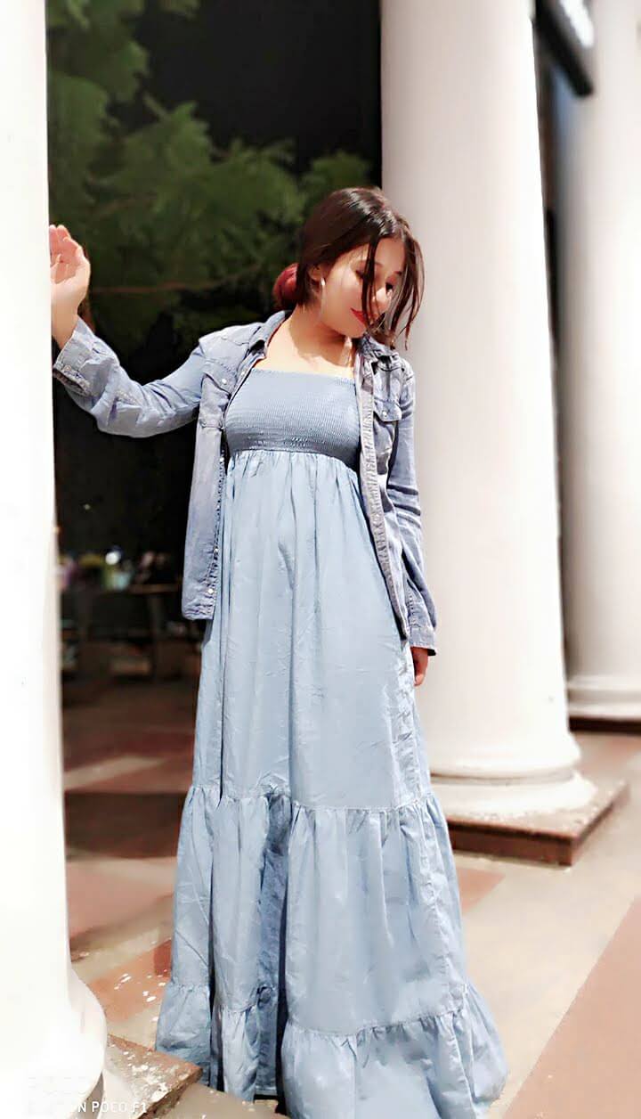 Long flared denim dress with as denim shirt