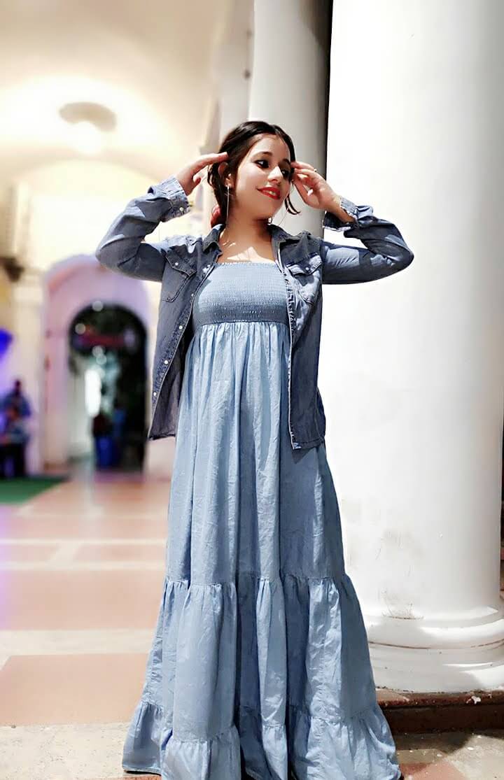 Long flared denim dress with hoops