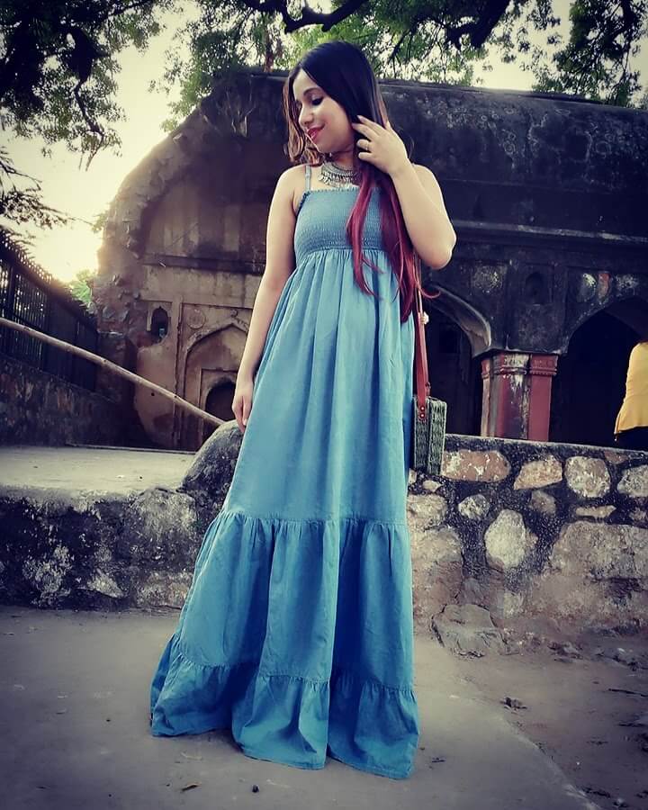 Long flared denim dress 